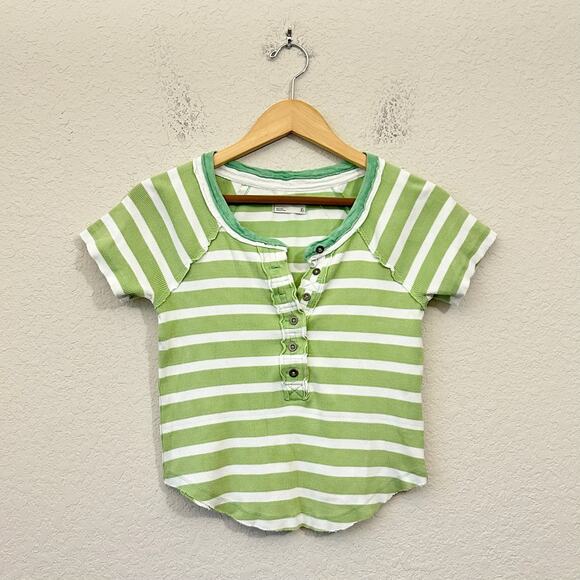 WE THE FREE Petal Pusher Tee Top Green Striped Ribbed Knit Cropped - Picture 1 of 9